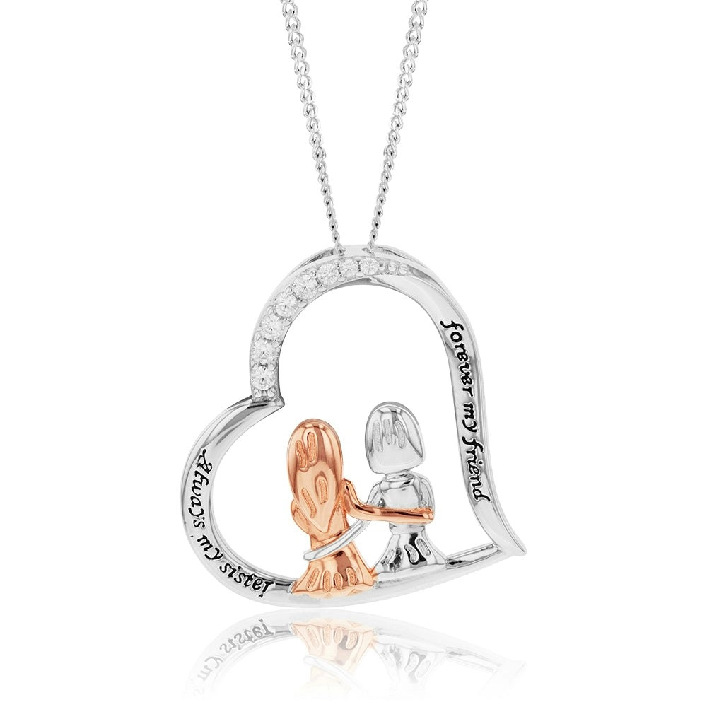 Sterling Silver And Rose Gold Plated Cubic Zirconia Engraved Heart Sister Pendant