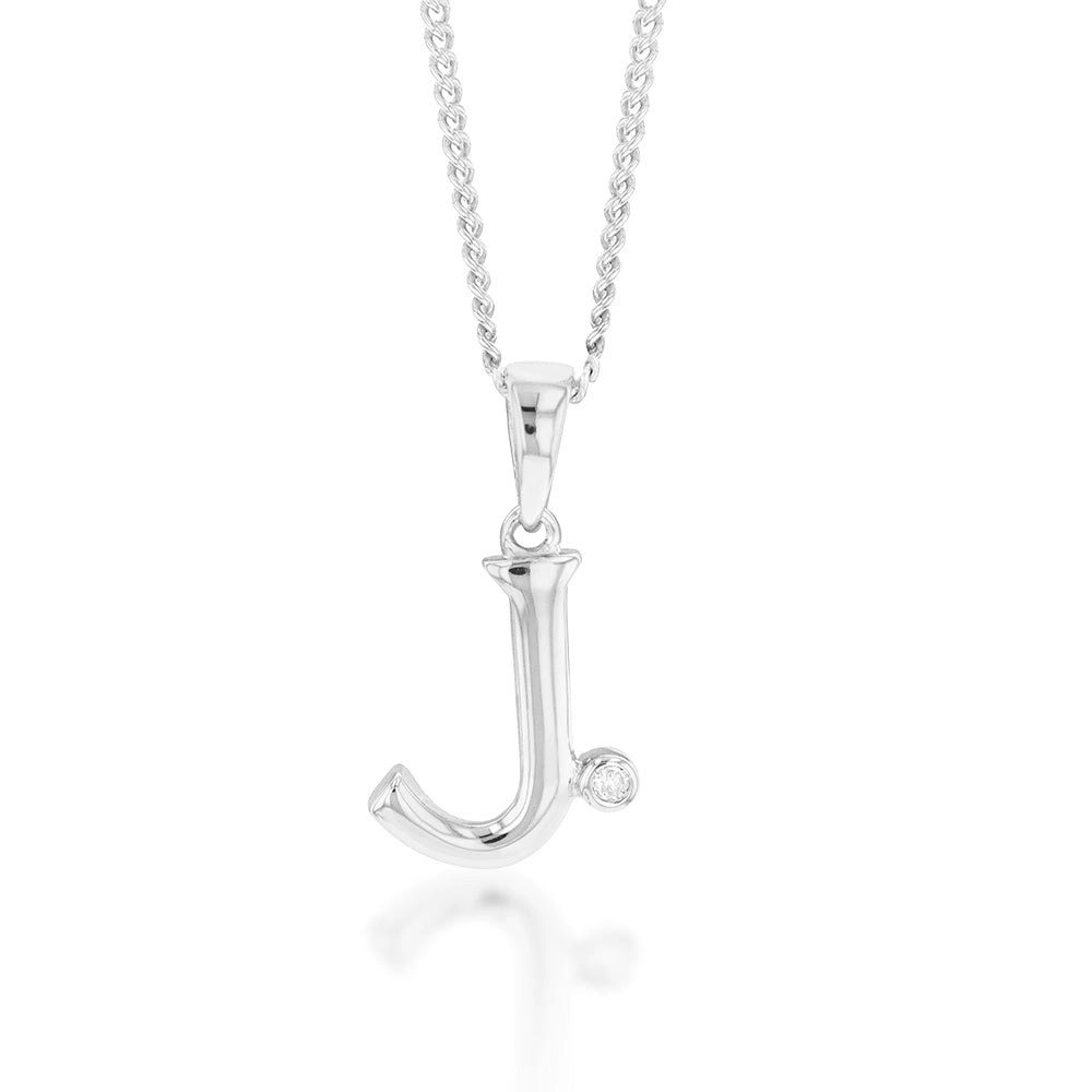 Silver Pendant Initial J set with Diamond