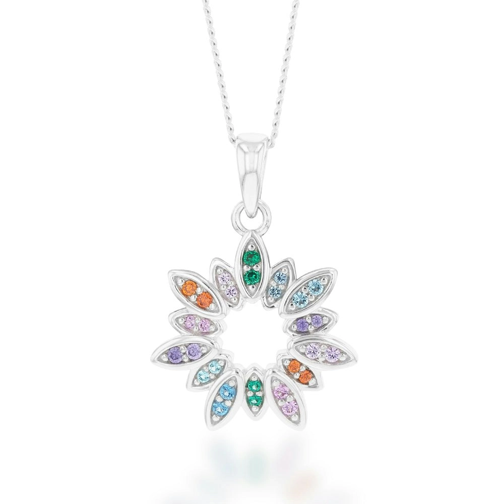 Sterling Silver Rainbow Multicolour Cubic Zirconia Flower Pendant