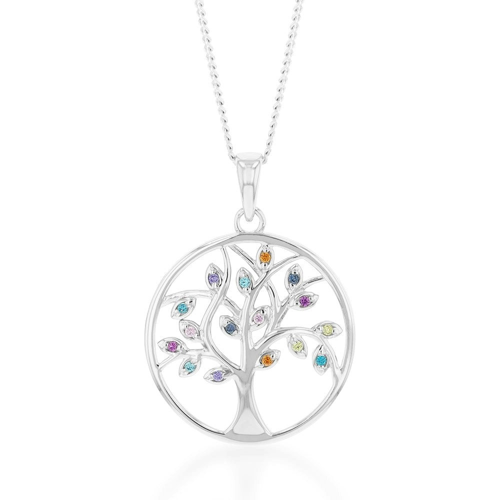 Sterling Silver Rainbow Multicolour Cubic Zirconia Tree Of Life Pendant