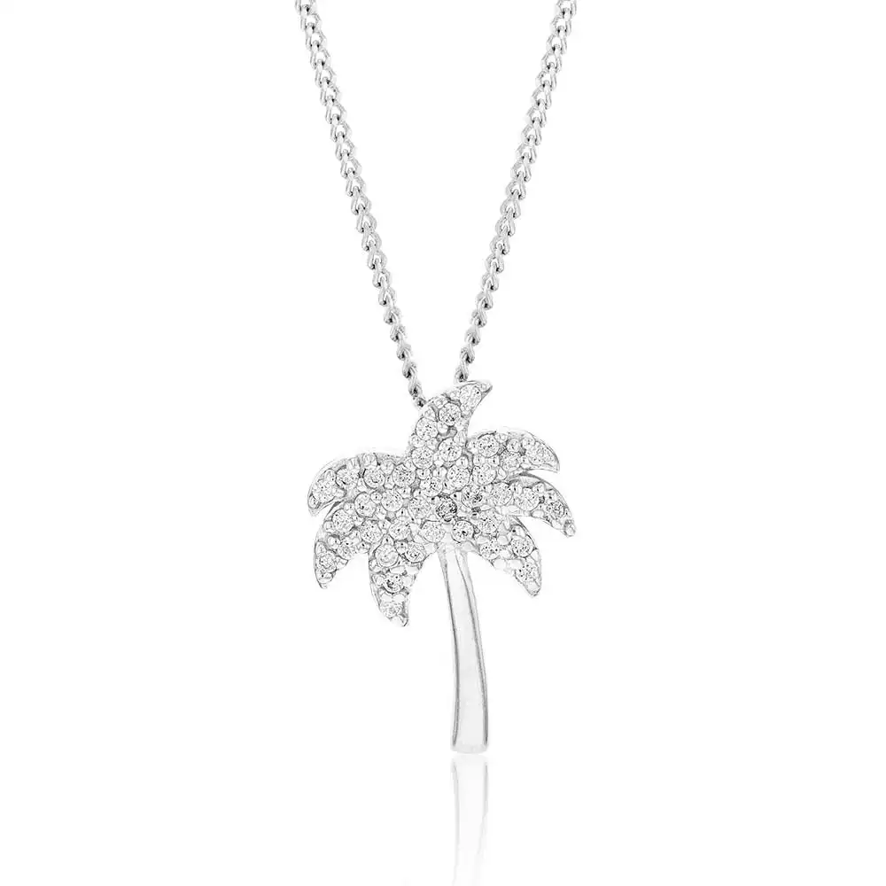 Sterling Silver Rhodium Plated White Cubic Zirconia Palm Tree Pendant