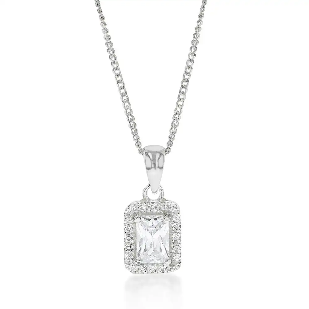 Sterling Silver Cubic Zirconia Square Halo Pendant