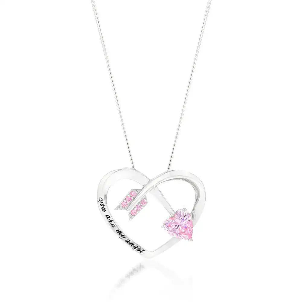 Sterling Silver Rhodium Plated Pink CZ Arrow Heart With Inscription Pendant