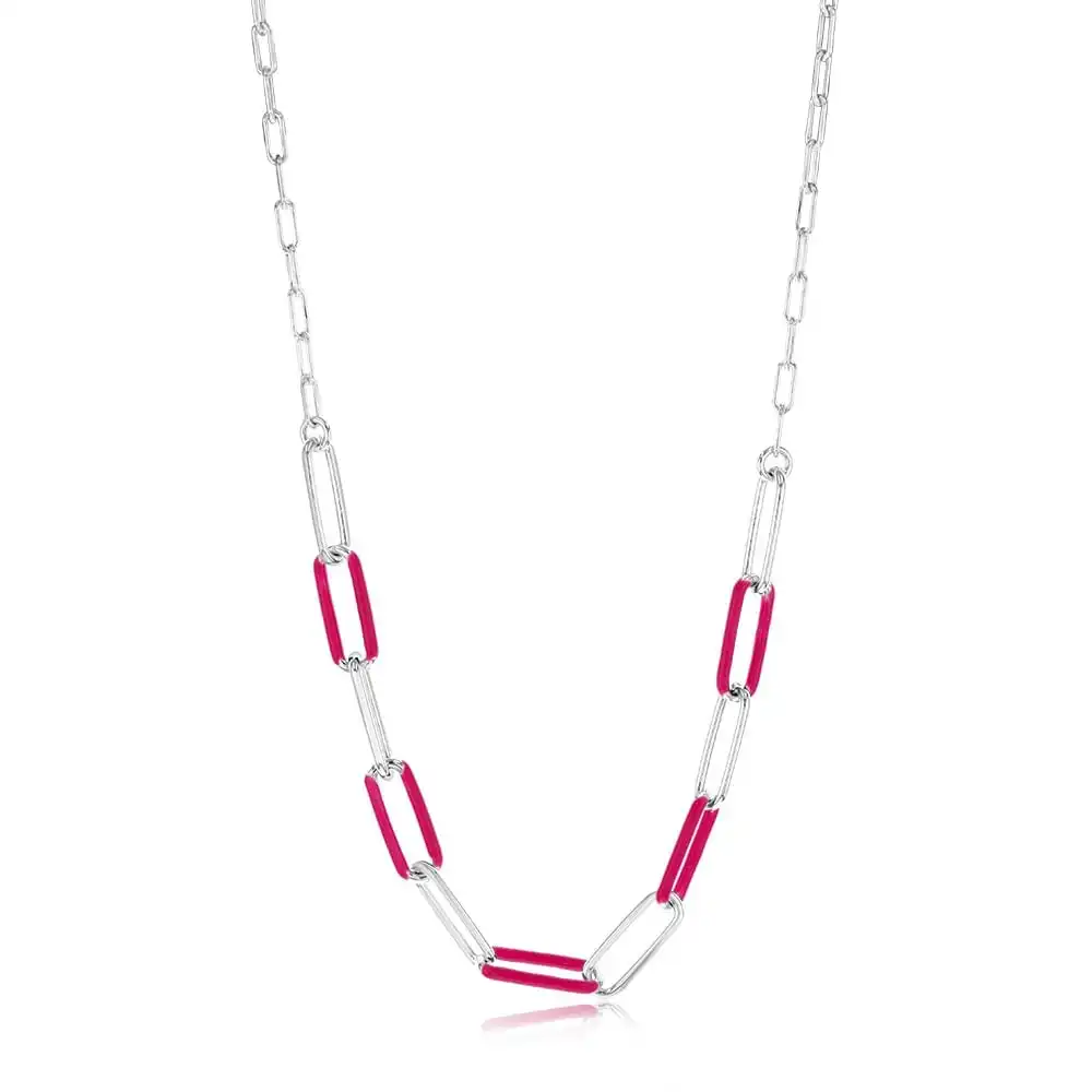 Sterling Silver Pink Enamel On Fancy 40cm Chain