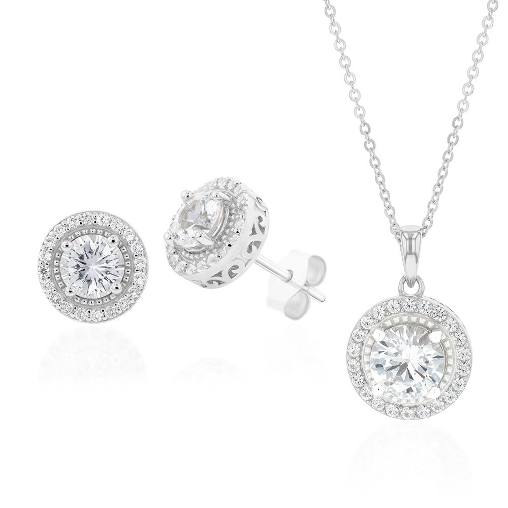 Sterling Silver Natural White Sapphire Pendant and Earring Set