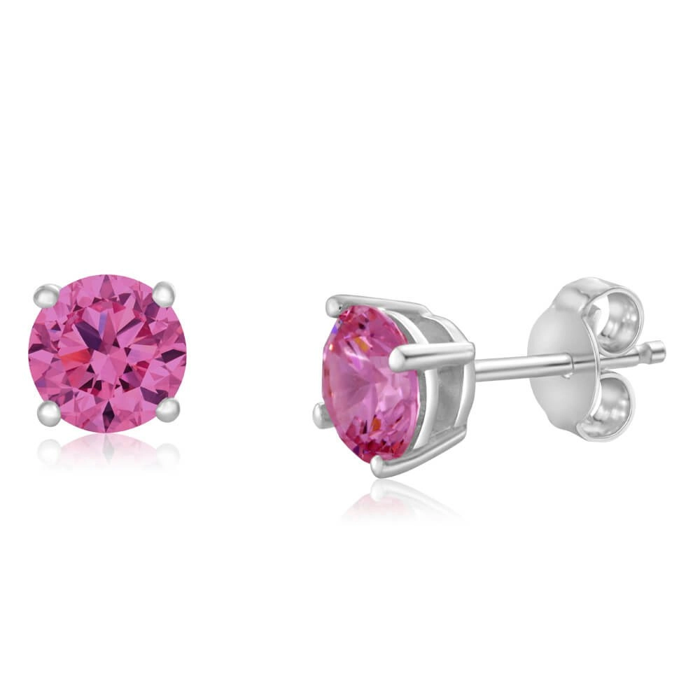 Sterling Silver Zirconia Round 6.55mm Pink Stud Earrings