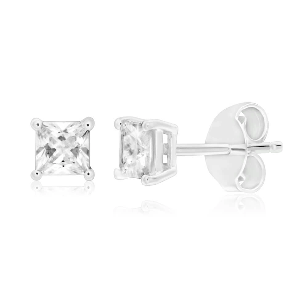 Sterling Silver Cubic Zirconia 4mm Princess Cut Stud Earrings