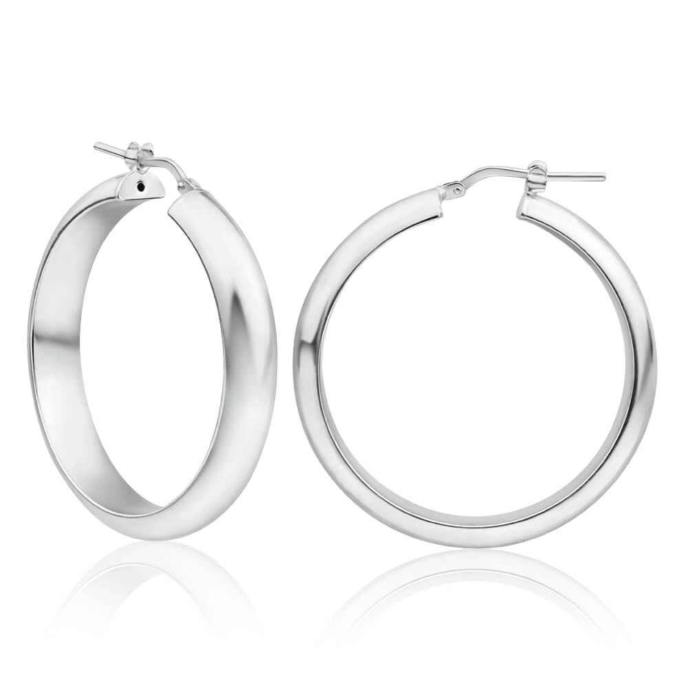 Sterling Silver 30mm Plain Half Round Hoop Earrings