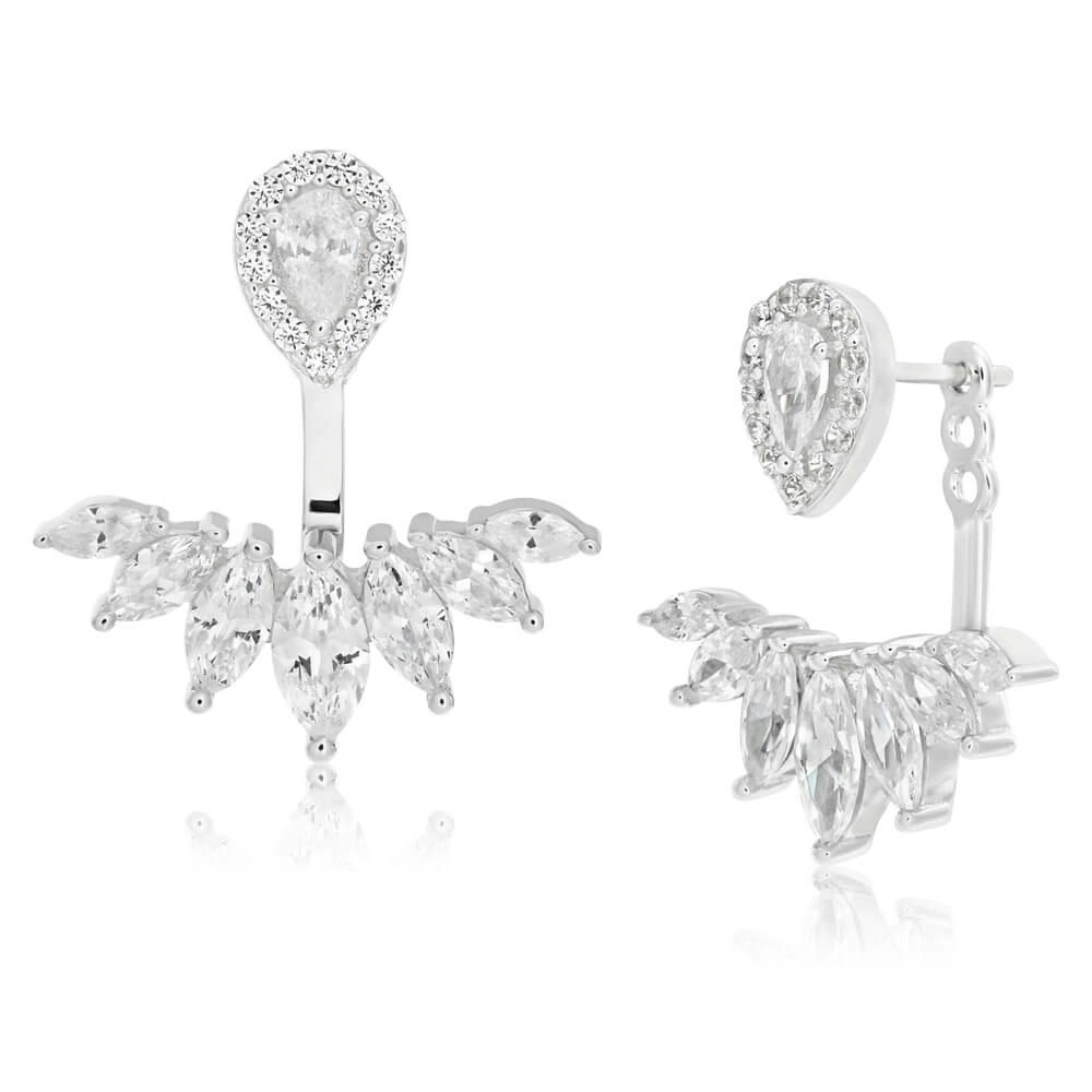 Sterling Silver Rhodium Plated Cubic Zirconia Marquise Cut Ear Jacket Stud Earrings