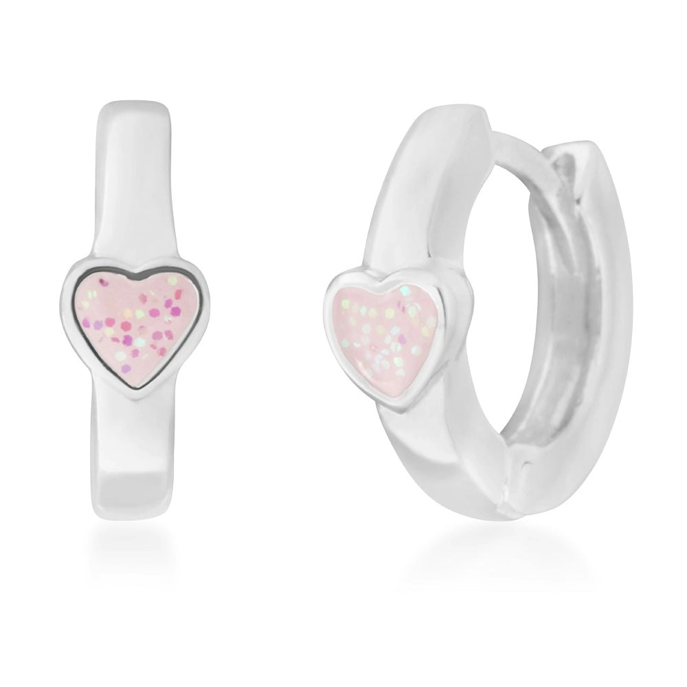 Sterling Silver Pink Enamel Heart Huggie Hoops