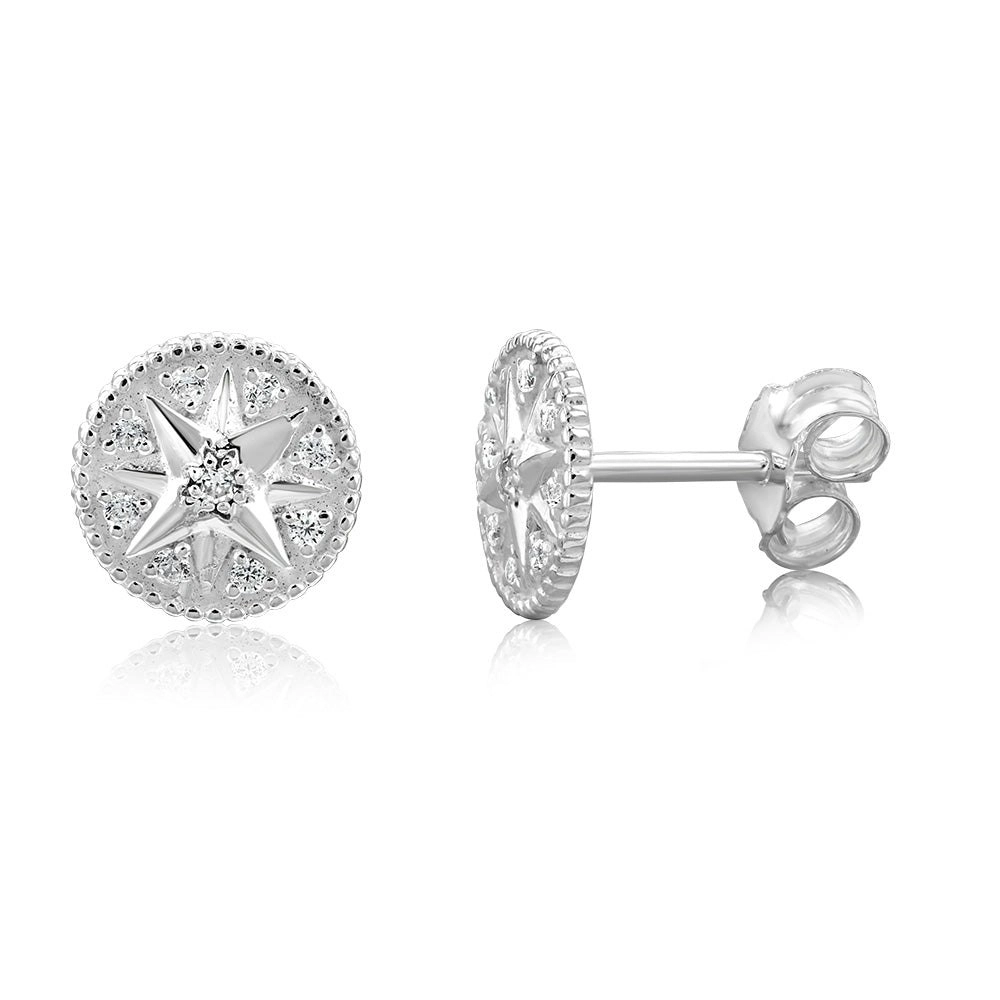 Sterling Silver Cubic Zirconai Star On Round Stud Earrings