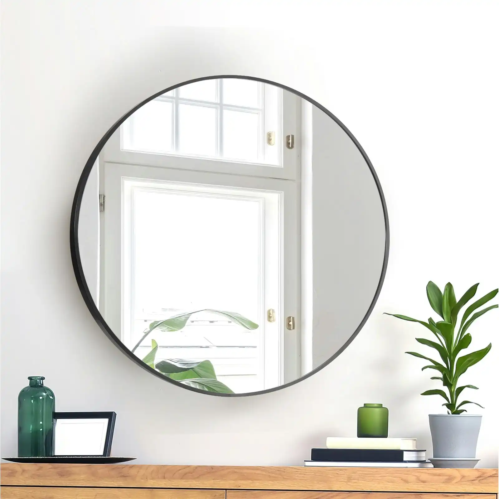 Oikiture Wall Mirrors Round Makeup Mirror Vanity Home Decor 50cm Black Bedroom