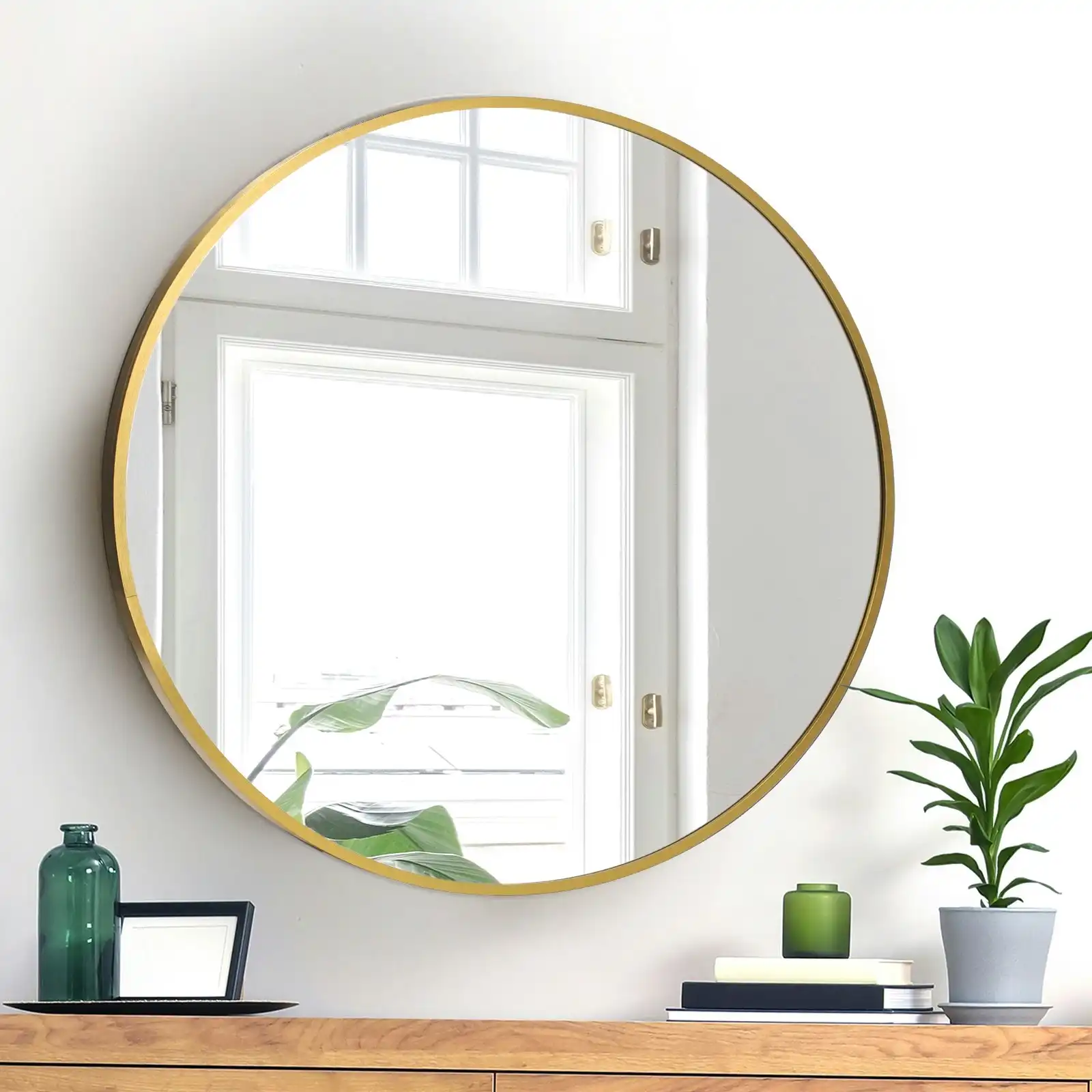 Oikiture Wall Mirrors Round 70cm Makeup Mirror Vanity Home Decor Gold
