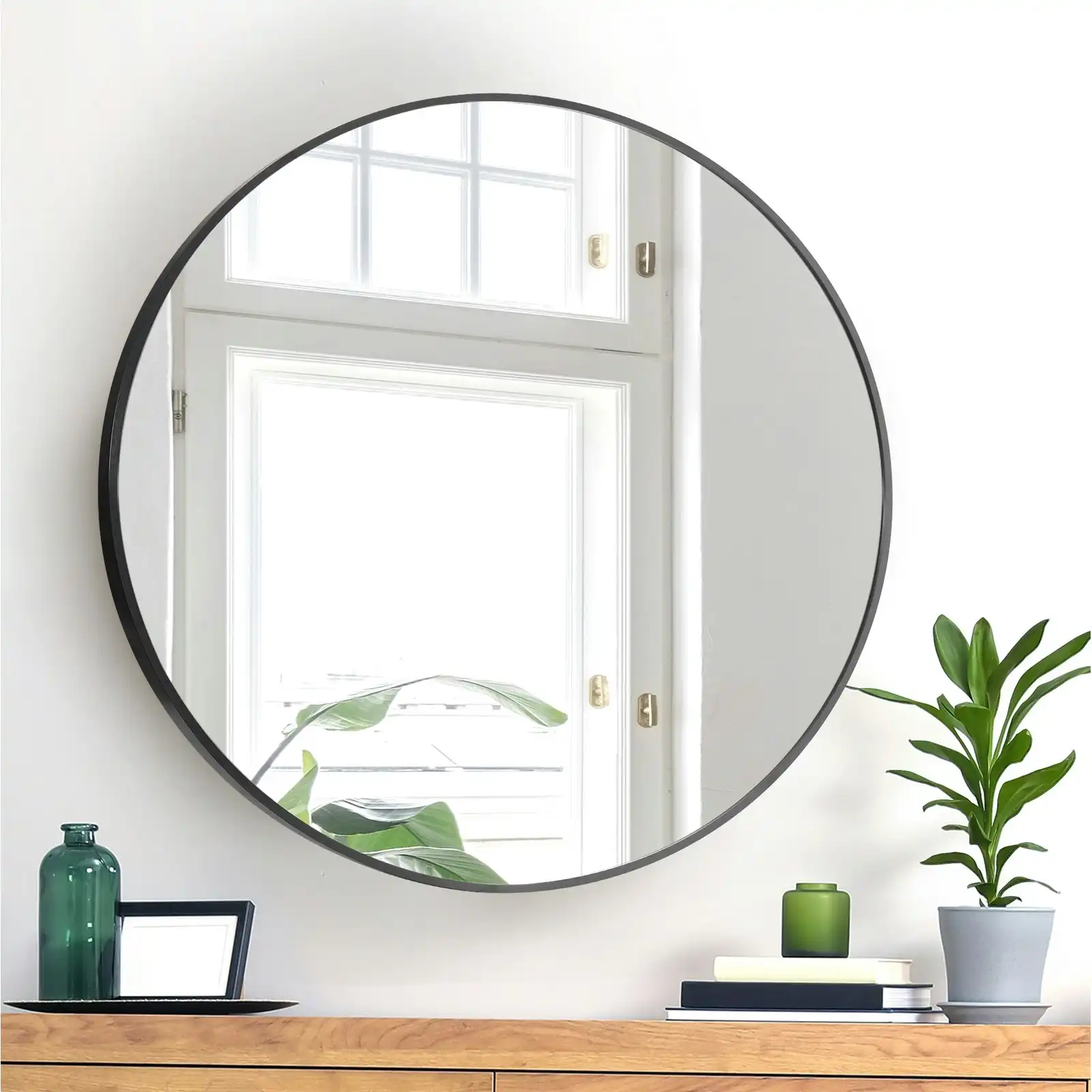 Oikiture Wall Mirrors Round 70cm Makeup Mirror Vanity Home Decor Black