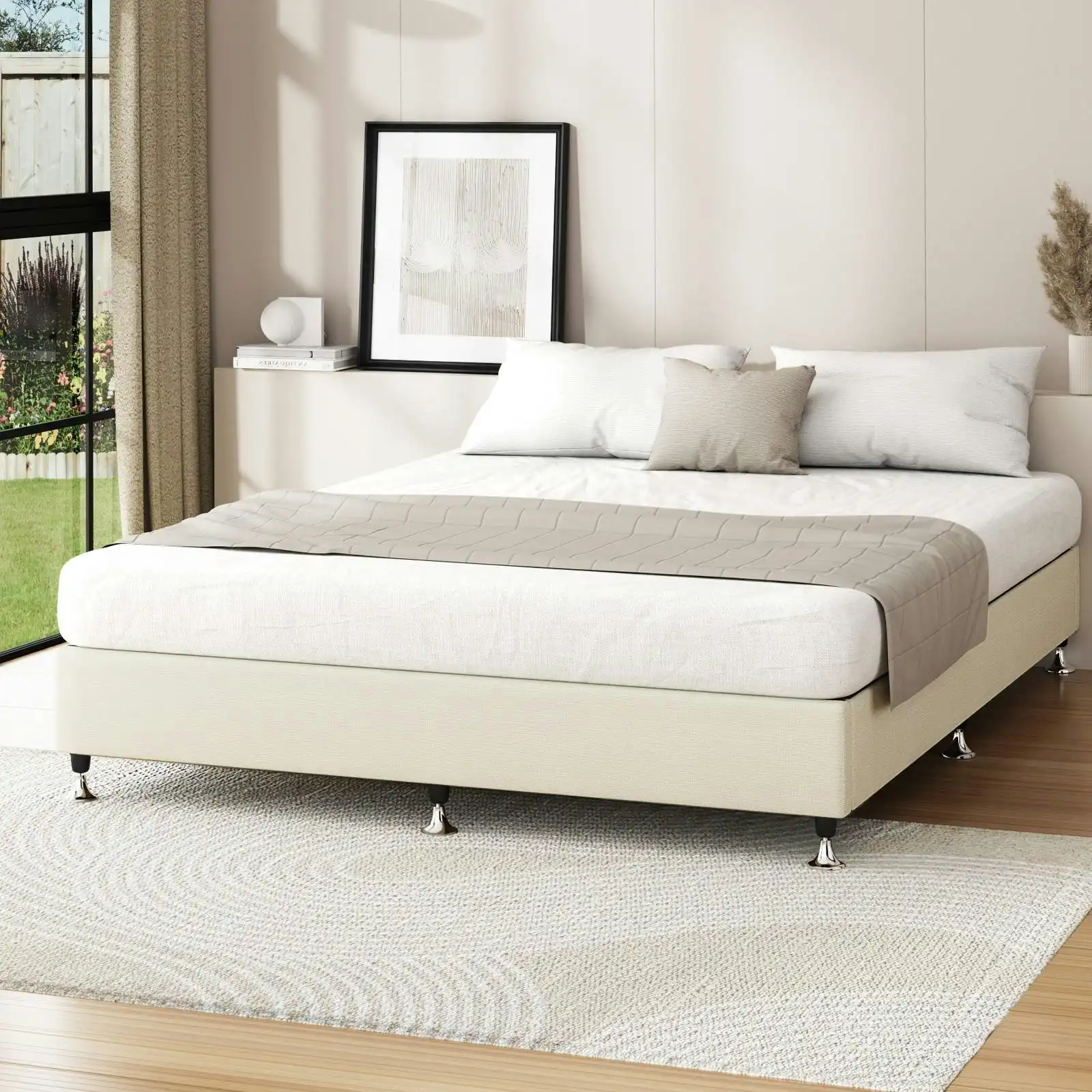 Oikiture Bed Frame Queen Size Bed Base Platform Beige