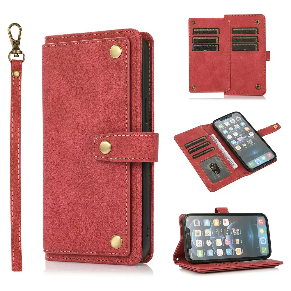 Phone Case Leather Crossbody Wallet Purse Case For iPhone11/12/13 Series-Red