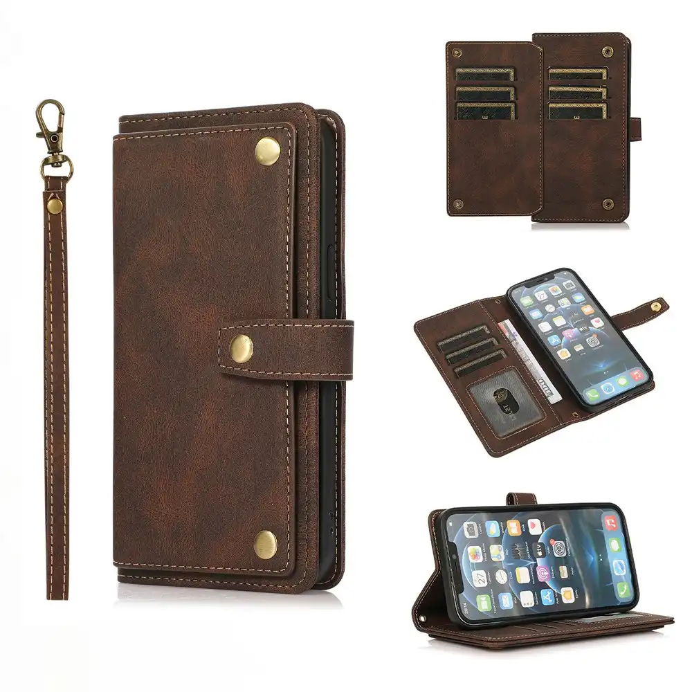 Phone Case Leather Crossbody Wallet Purse Case For iPhone11/12/13 Series-Brown