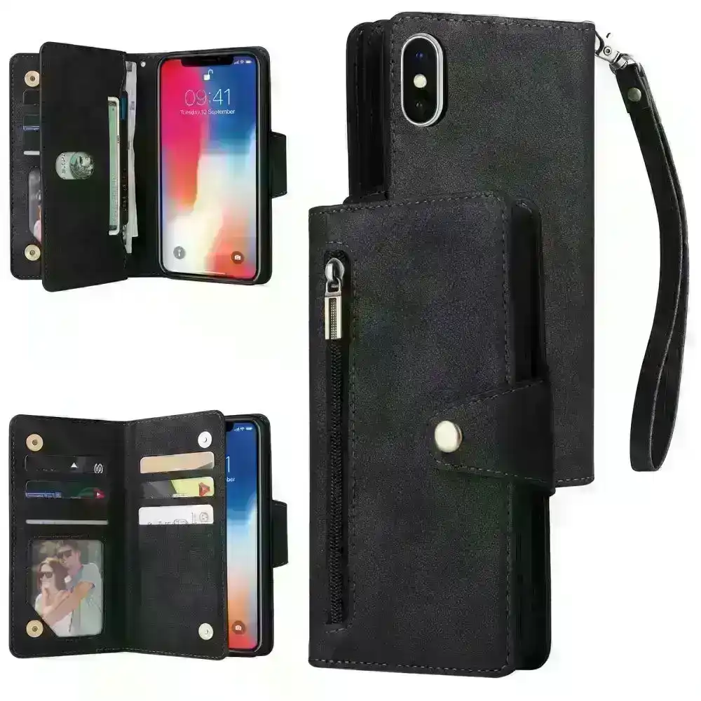 Willow Buckle Zipper Wallet Phone Purse Case With Straps for Iphone-Black