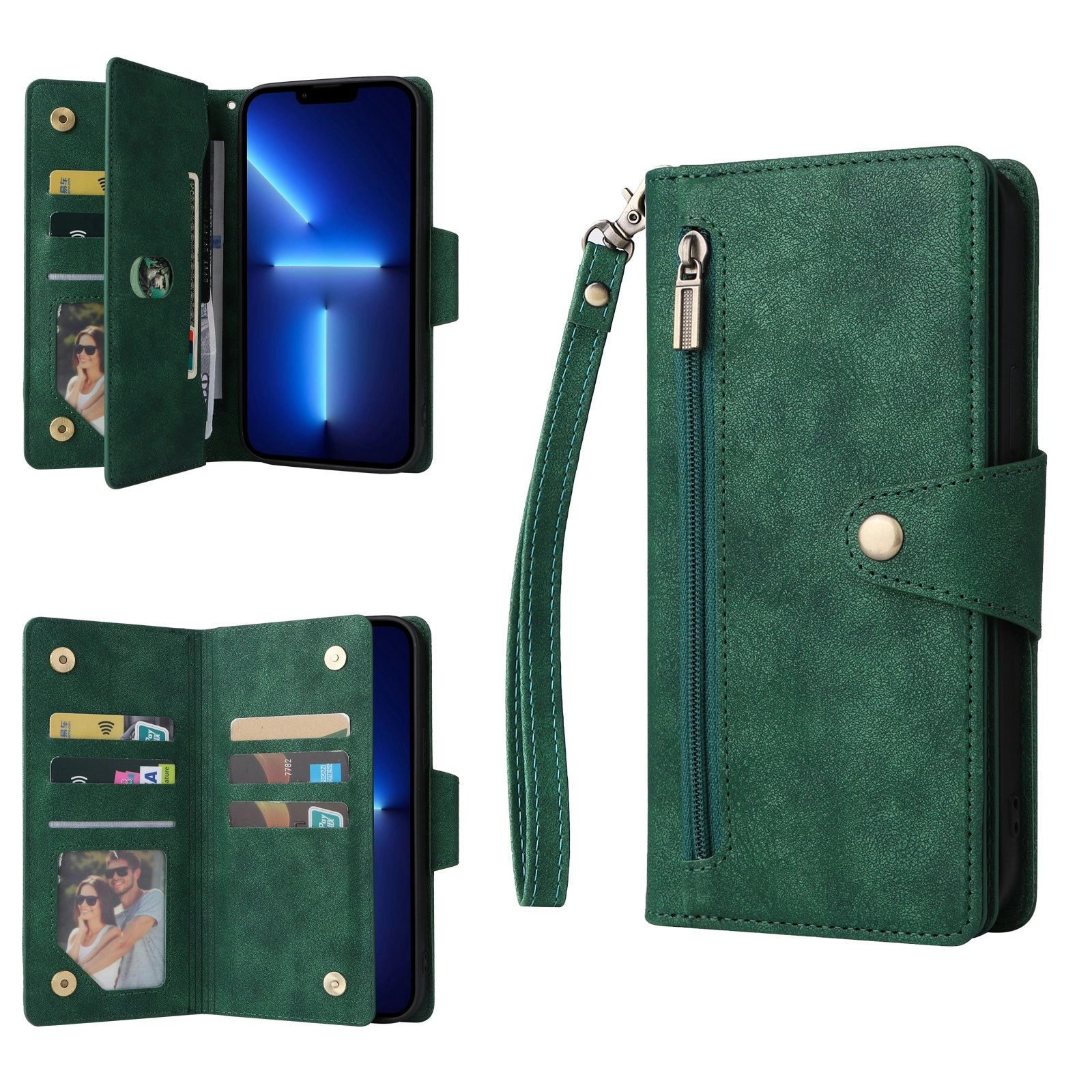 Zip Flip Card Wallet Phone Case For iPhone 11/12/13 Pro Max-Green