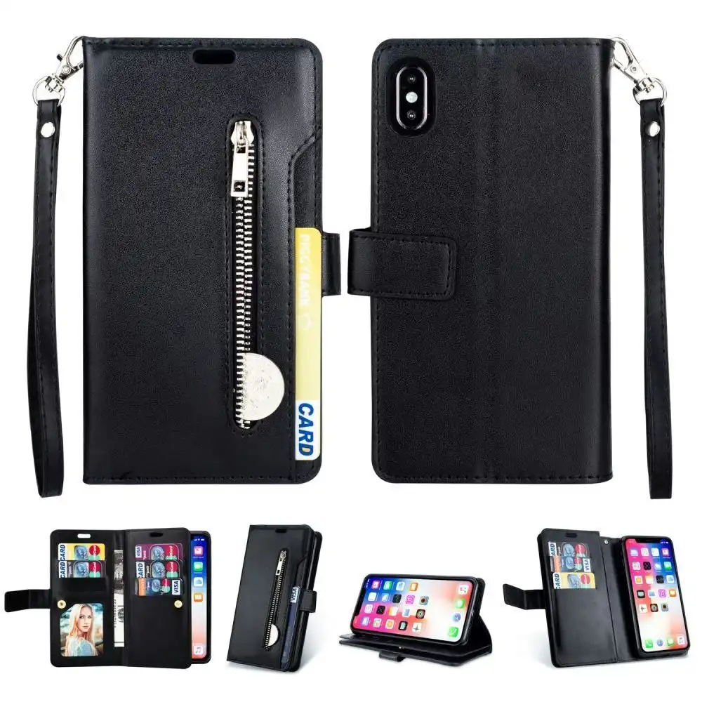 Magnetic Zipper Wallet Phone Purse Case with Straps for iPhone-Black