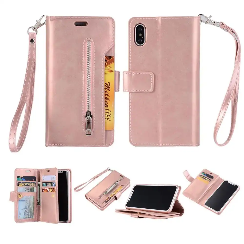Magnetic Zipper Wallet Phone Purse Case with Straps for iPhone-Rose Gold