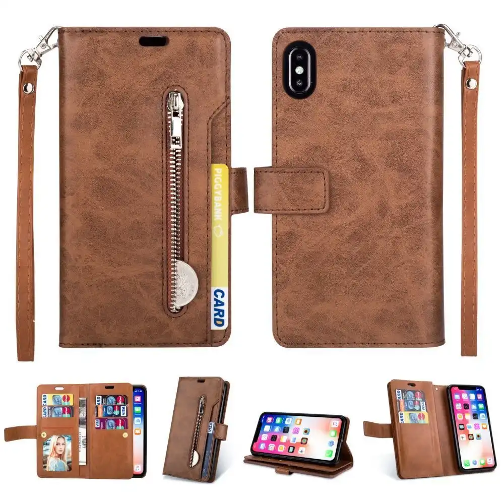 Magnetic Zipper Wallet Phone Purse Case with Straps for iPhone-Brown