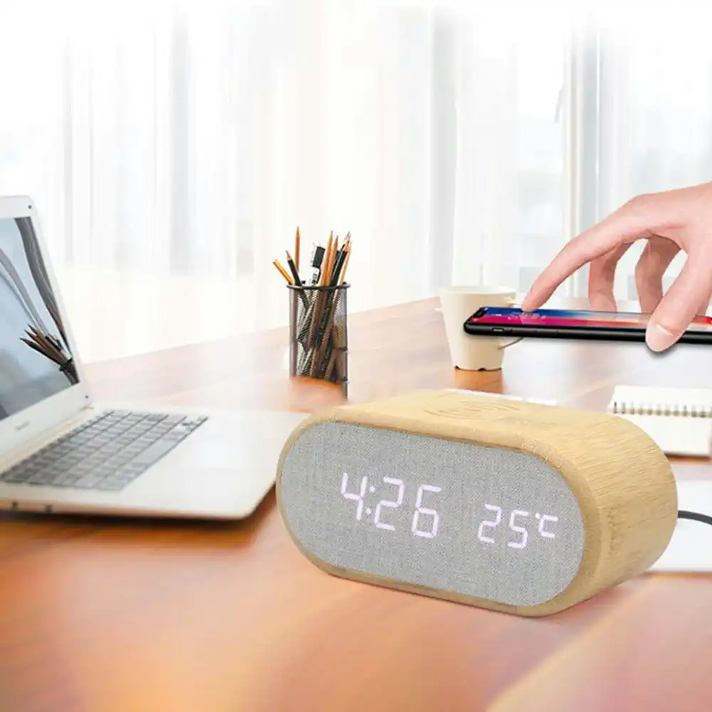 Multifunctional Wooden Alarm Clock with 10W Wireless Charging