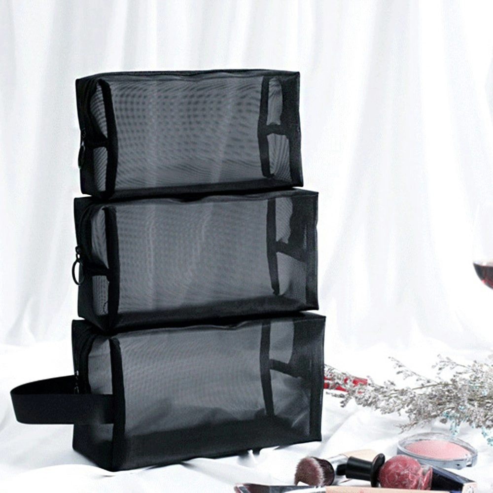 3 piece black mesh storage bag outdoor travel toiletry bag