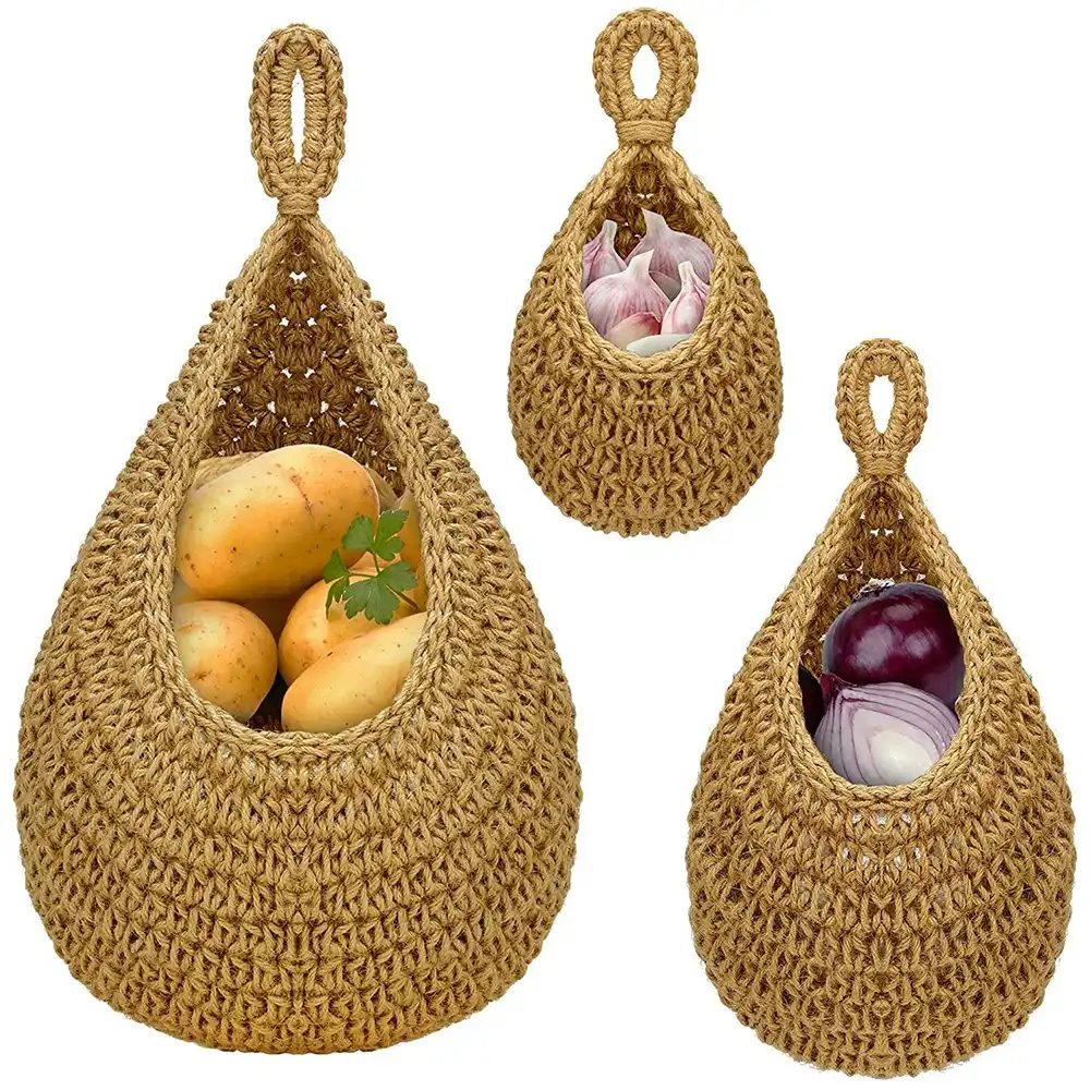 3 Pack Jute Wall Hanging Vegetable Fruit Baskets for Kitchen