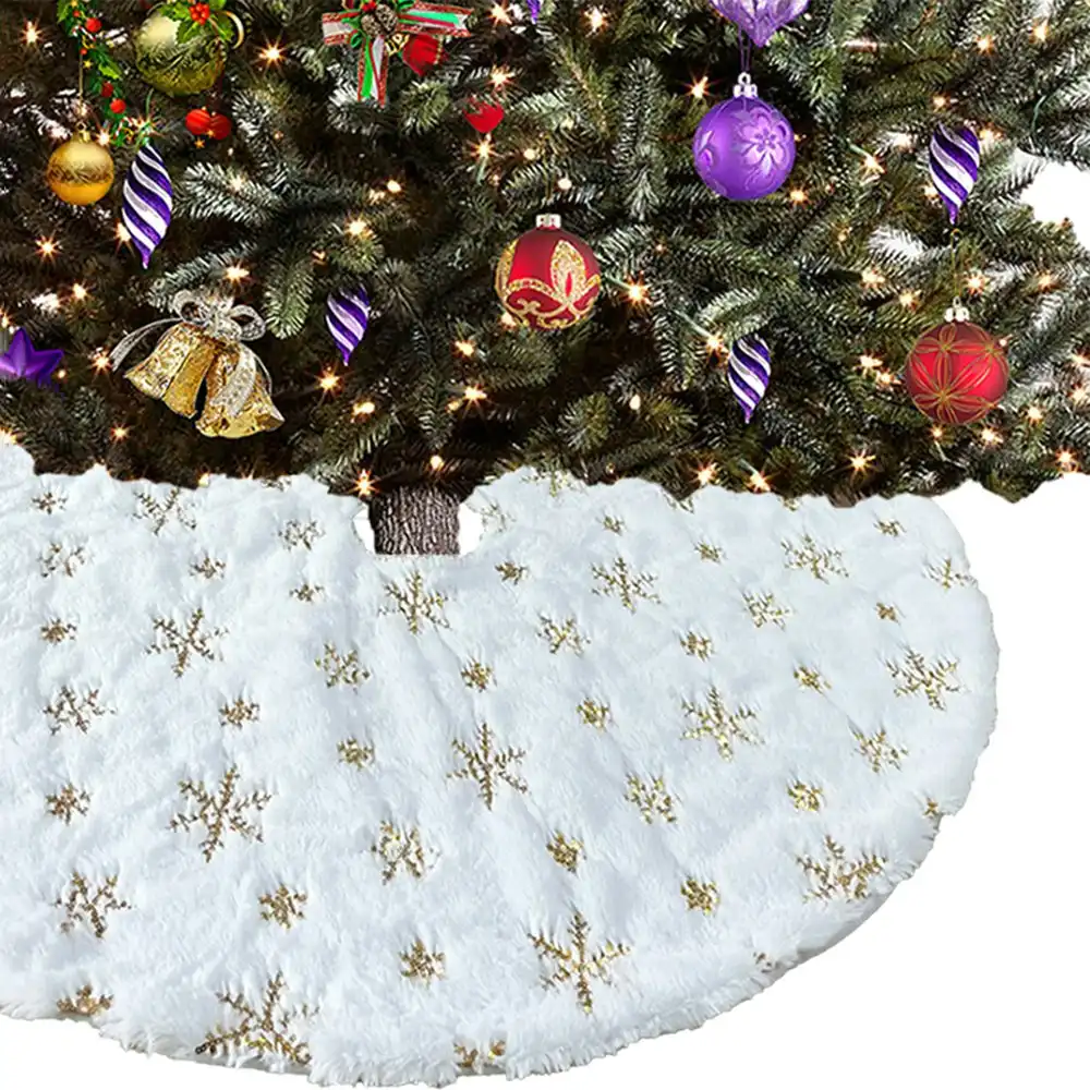 Short Plush Christmas Tree Skirt  Decoration with Sequin Snowflake Embroidery