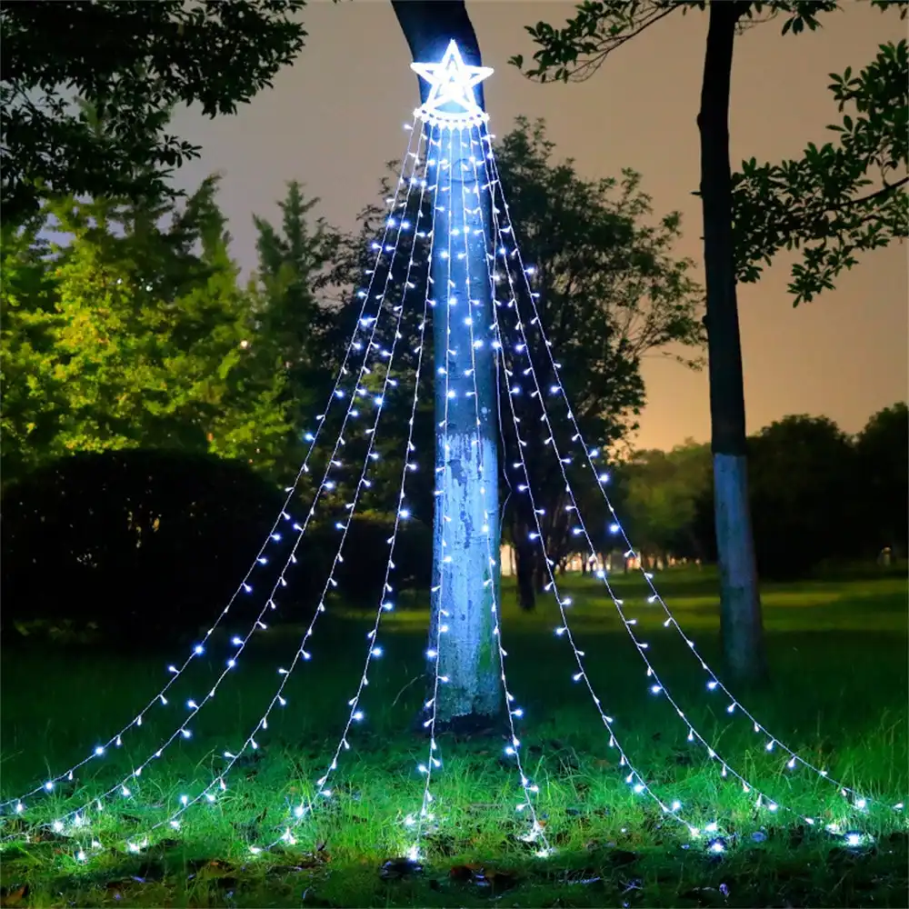 Solar LED Star Waterfall Lights Christmas Tree Decor String Lights