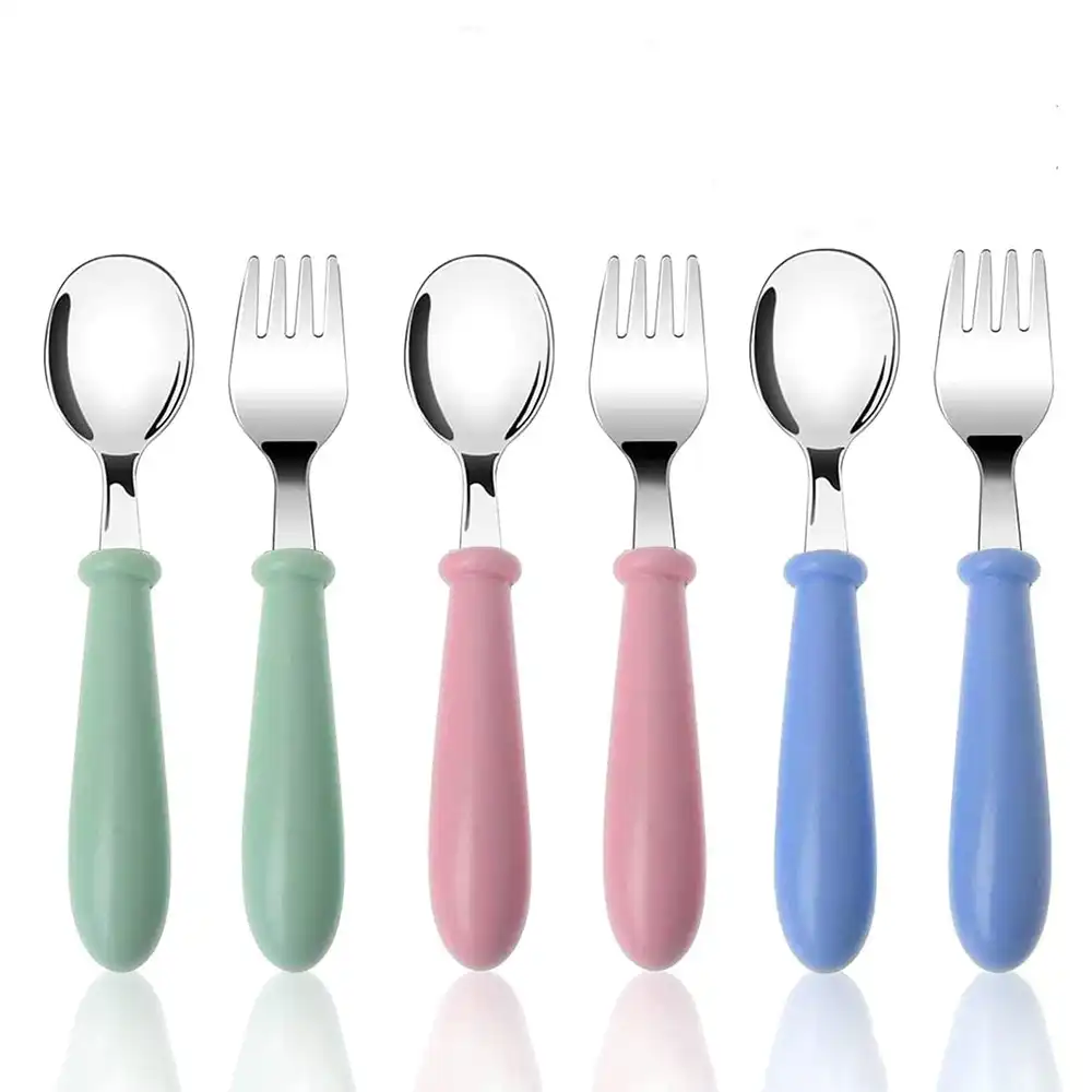 3 sets cute toddler utensils stainless steel fork and spoon(pink+blue+green)