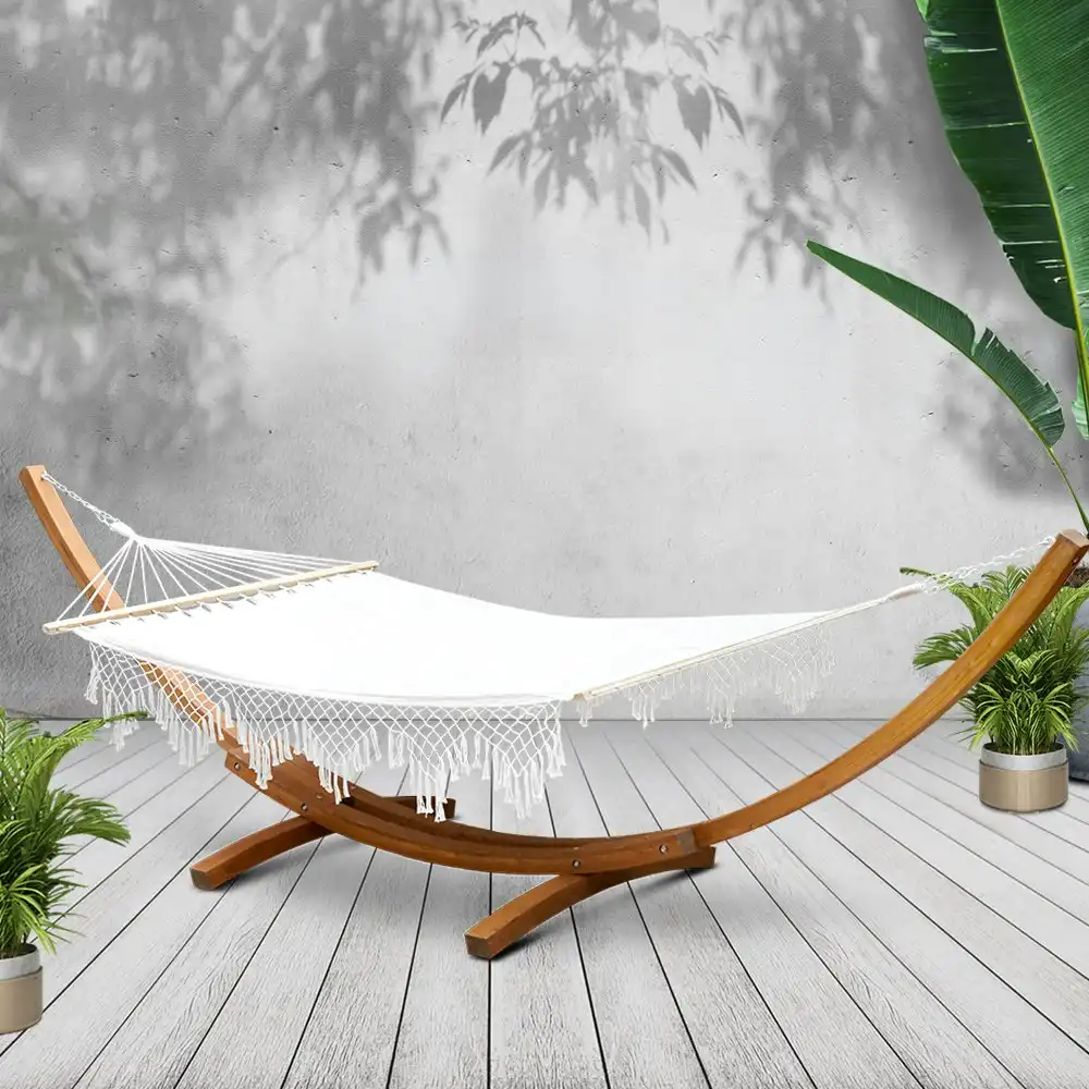 Gardeon Hammock Bed Outdoor Camping Garden Tassel Timber Hammock White