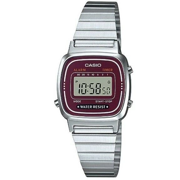 Casio LA670WA-4 Silver Dark Red Small Stainless Steel Women's Digital Watch