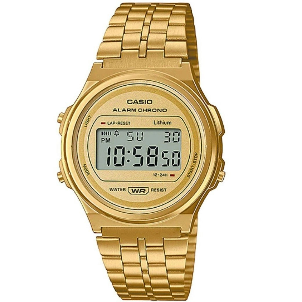 Casio A171WEG-9A Gold Round Retro Style Stainless Steel Unisex Digital Watch