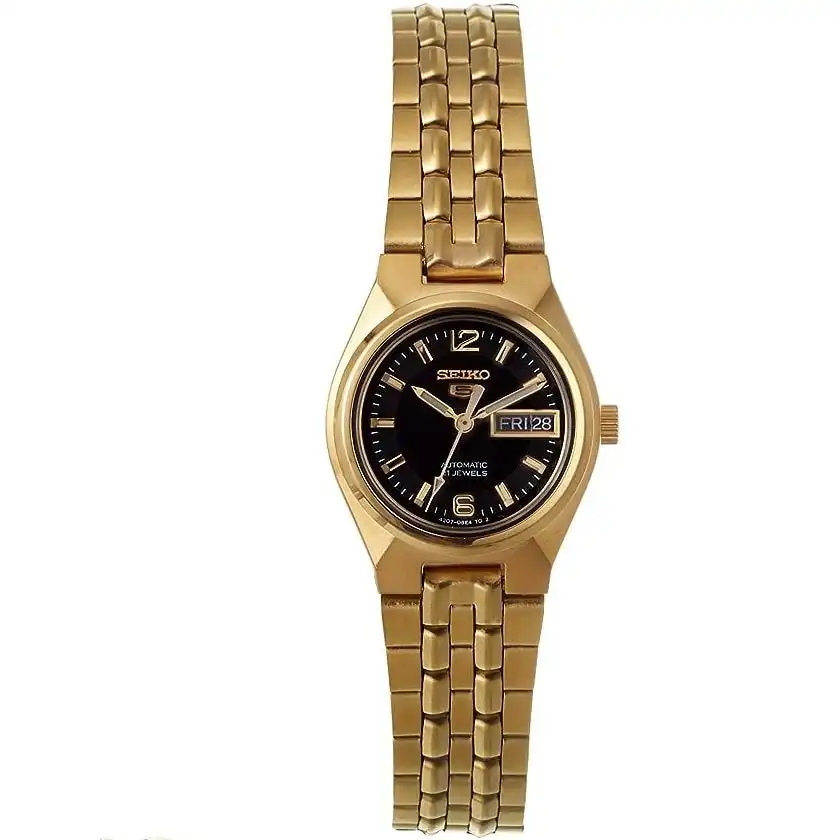 Seiko 5 Gold Tone Black Dial Women s Automatic Analog Dress Watch