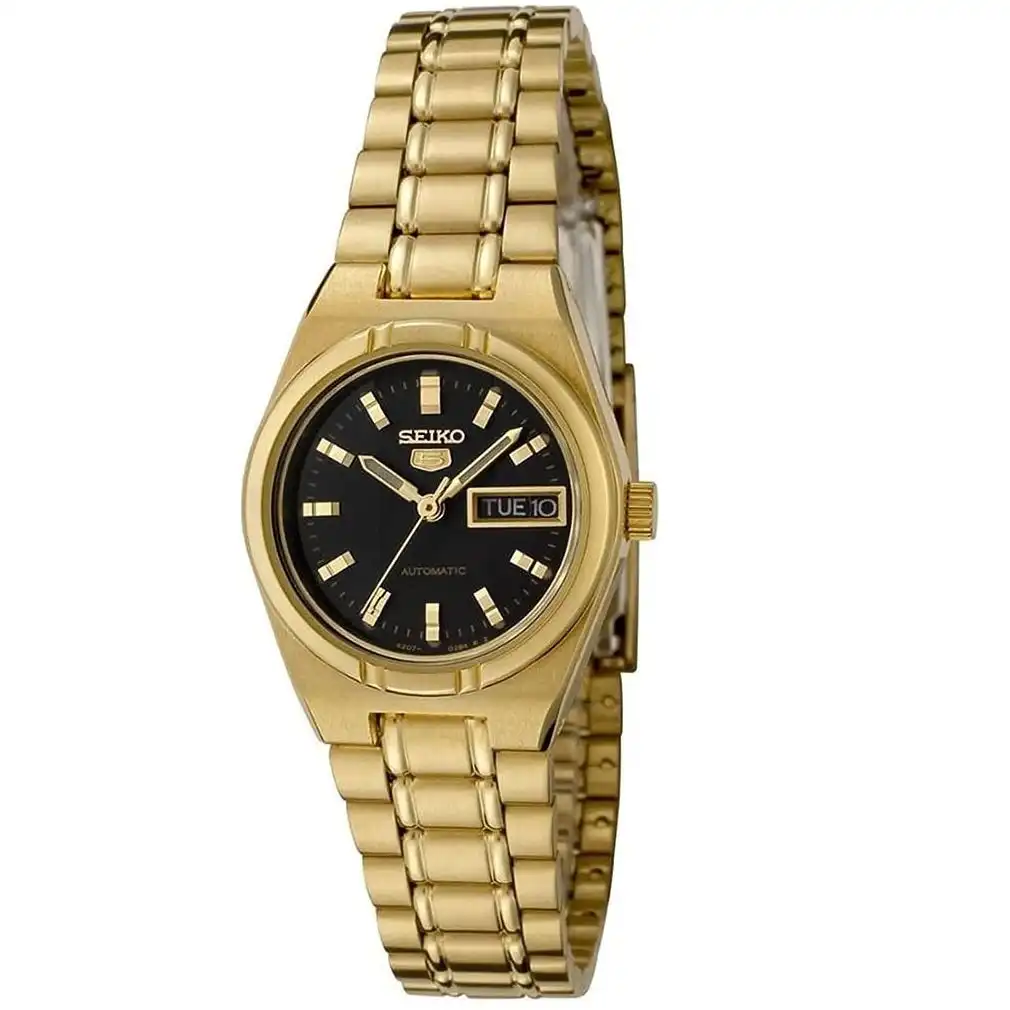 Seiko 5 Gold Tone Black Dial Women s Automatic Analog Dress Watch