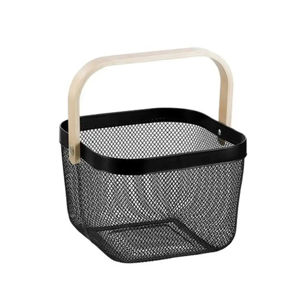 Box Sweden Mesh Storage Basket 25x25x17cm W/Birch Wood Handle - Black