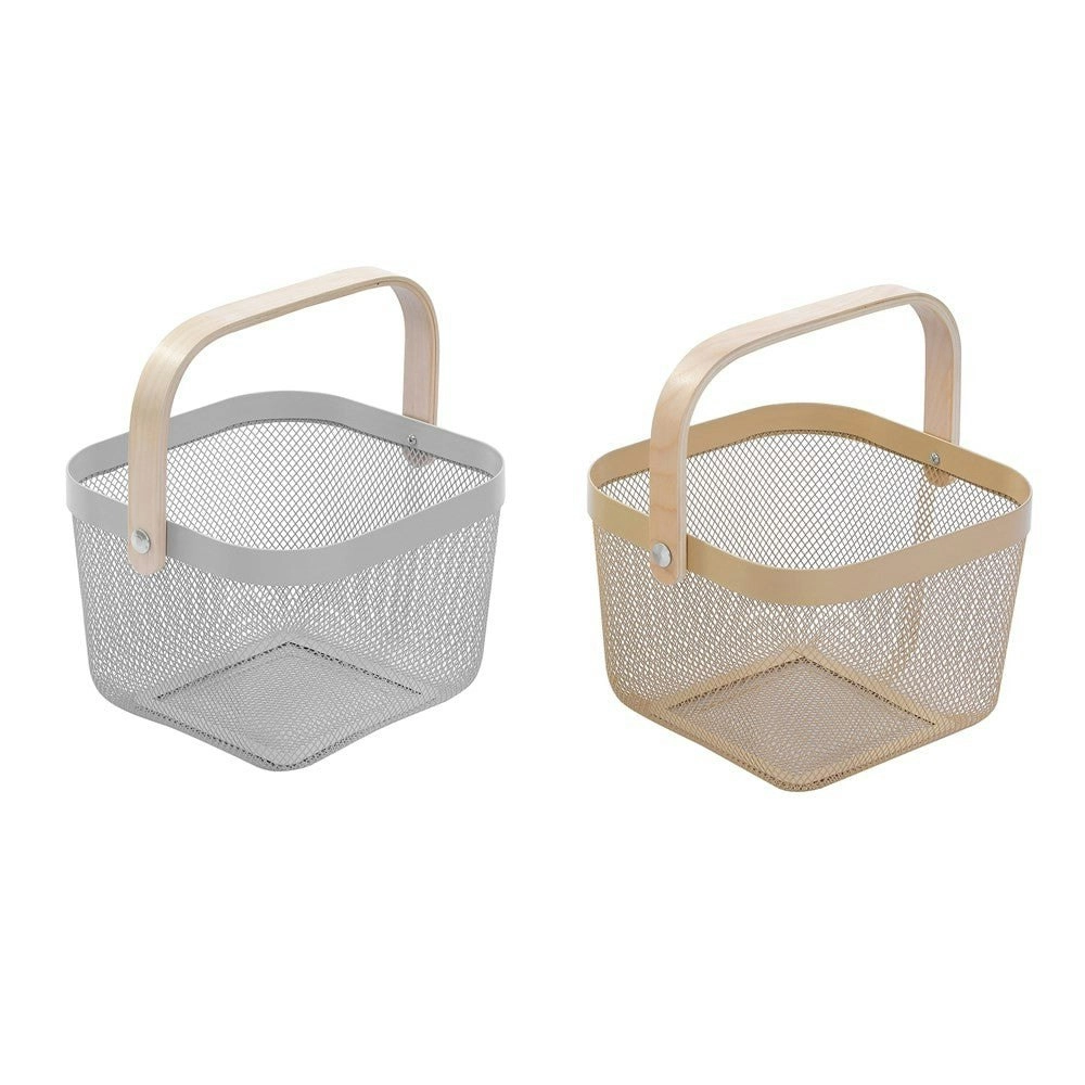 Box Sweden Mesh Storage Basket 25x25x17cm Birch Wood Handle - Gold Or Silver