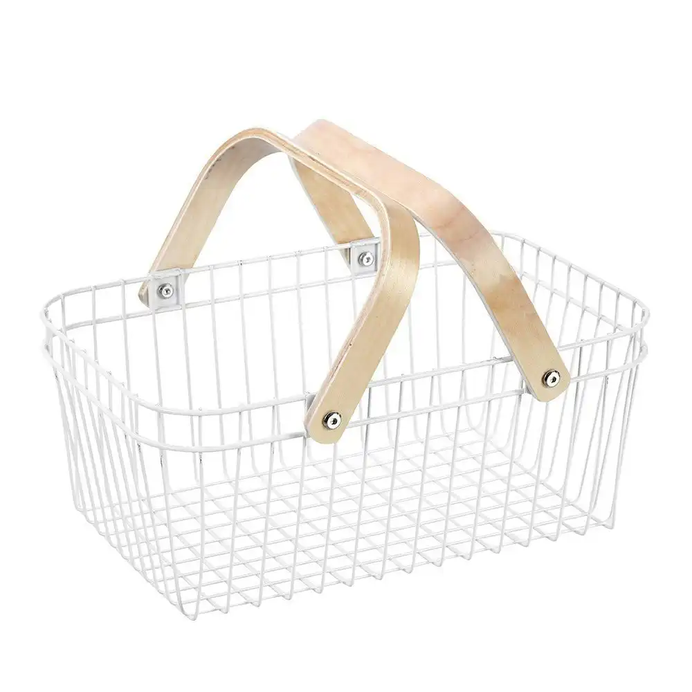 Box Sweden Wire Storage Basket Birch Wood Handle 39x24x16cm White