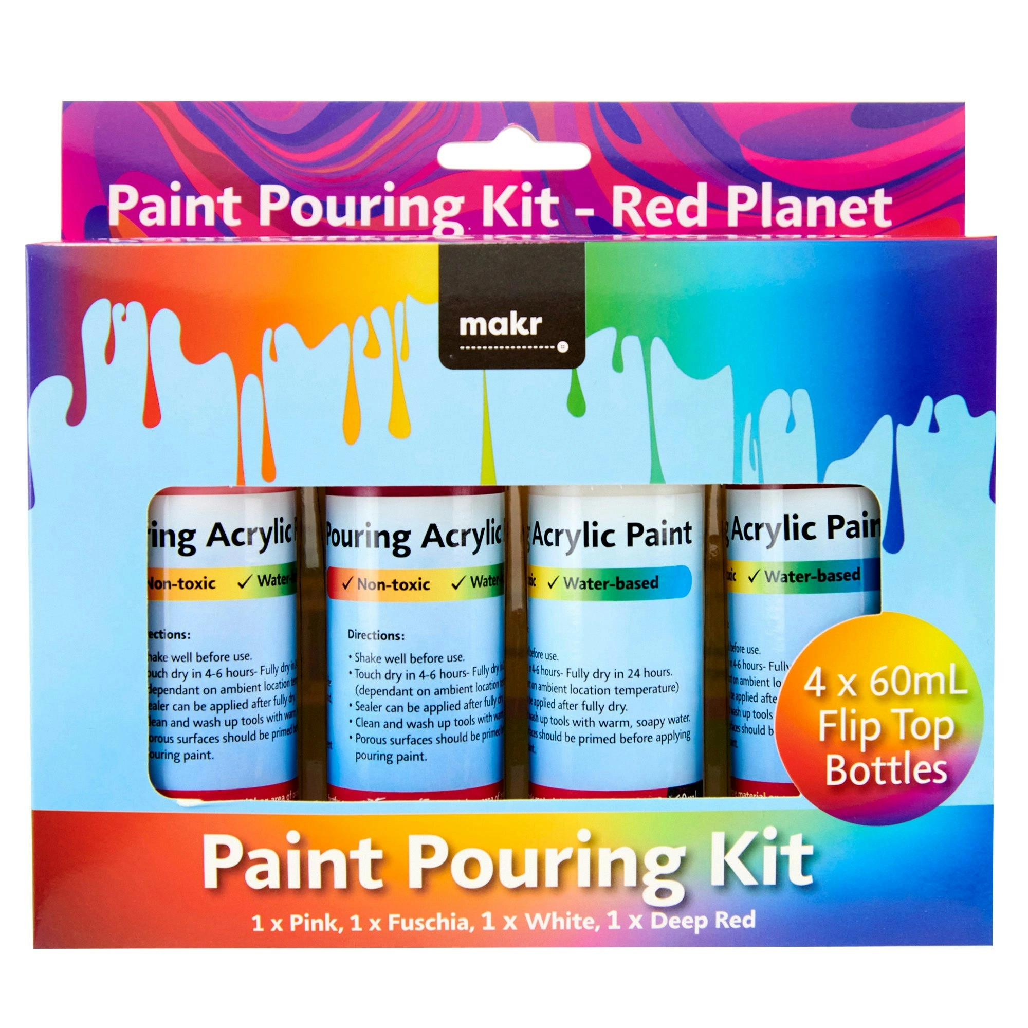 Makr Paint Pour Kit, Red Planet (Pink, Fuchsia, White, Deep Red)- 4pk