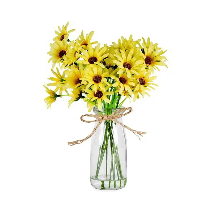 Willow & Silk Artificial 25cm Yellow Chrysanthemum w/ Glass Vase Pot