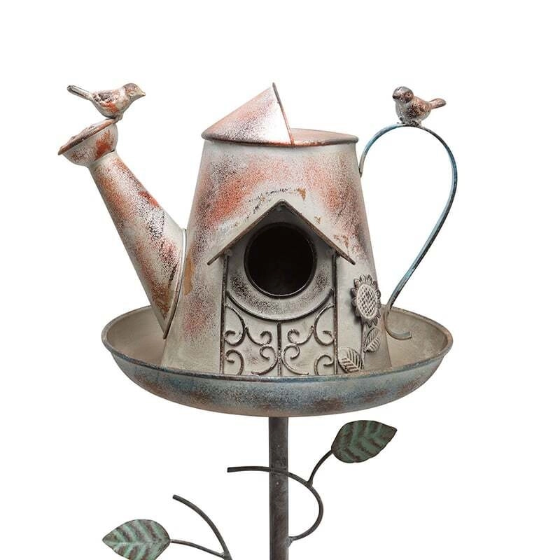 Willow & Silk Metal 142cm Watering Can Bird House Garden Stake