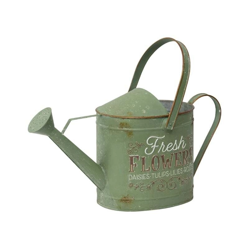 Willow & Silk Green Watering Can 47cm 'Fresh Flowers' Metal Pot/Planter