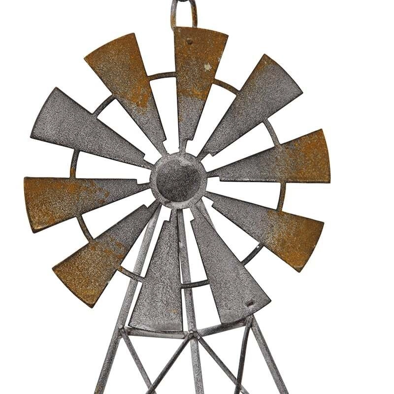 Willow & Silk Hanging 77cm Rustic Grey Windmill w/ Cast Iron Bell Chime