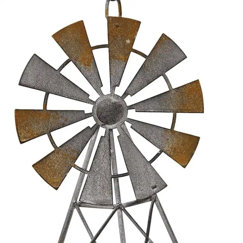 Willow & Silk Hanging 77cm Rustic Grey Windmill w/ Cast Iron Bell Chime