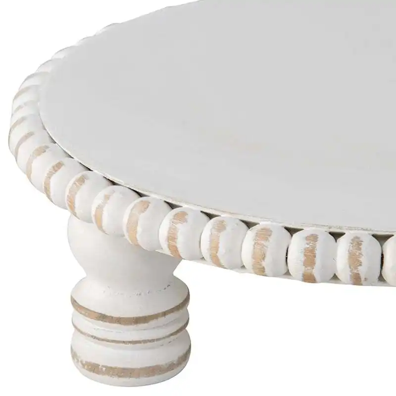 Willow & Silk Handmade 45cm White Wooden Round Beaded Cake Display Stand