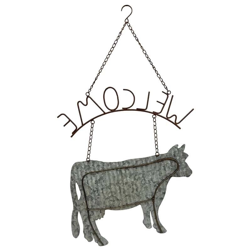 Willow & Silk Hanging 74cm Rustic Metal Cow 'Welcome' Plaque Sign Wall Art