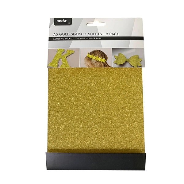 Makr Cardstock A5 Specialty Pack Sparkling Sheets with Adhesive, Gold- 8pk