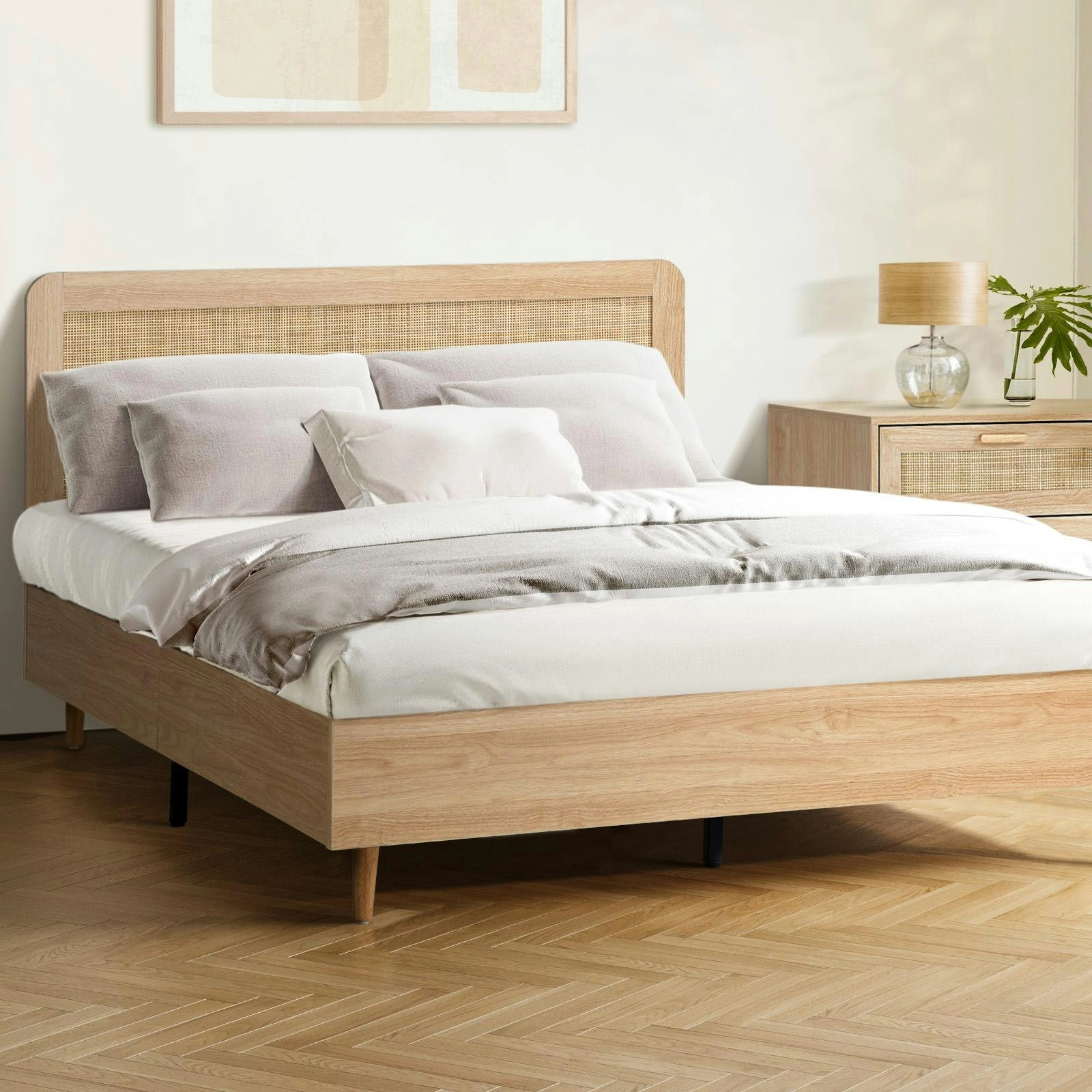 Oikiture Bed Frame Double Size Wooden Bed Platform Genuine Rattan